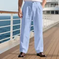 Pantalon décontracté bleu clair pour hommes en lin avec coupe droite et taille plissée - Bleu clair