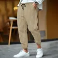 Men's vertical striped linen drawstring pants with elastic cuffs for casual summer wear - S / Bottoms / Khaki