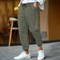 Men's striped linen casual jogger pants with drawstring waist in outdoor street style - Army Green