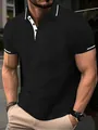 Men's black short-sleeved jacquard polo shirt with white contrast trim and buttons - S / Tops / Black