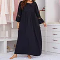 Elegant plus size black long sleeve nightgown with lace trim and Peter Pan collar - 3XL / Tops / Black (RM77M-Black)