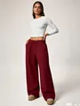 Professional full-body view of maroon wide-leg fleece sweatpants with drawstring waist. - XS / Bottoms / Burgundy
