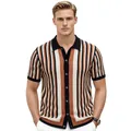 Vintage vertical striped knit polo shirt for men in brown and beige colors - M / Tops / Black