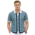 Men's retro short sleeve knit polo shirt with vertical color block stripes - M / Tops / Blue