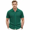Premium men's green jacquard knitted short sleeve button-down polo shirt with lapel - M / Tops / Green