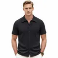 Men's black knit Polo shirt with wavy texture pattern and button-down front - M / Tops / Black