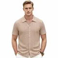 Men's beige wave-textured knit Polo shirt with short sleeves and button-down front - M / Tops / Khaki