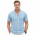 Light blue Cuban collar pointelle knit polo shirt for men in summer - M / Tops / Blue