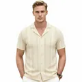 Men's summer short sleeve Cuban collar hollow jacquard knit polo shirt in off-white - M / Tops / Apricot