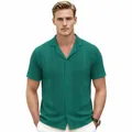 Professional men's green knit polo shirt with Cuban collar and hollow out jacquard texture. - M / Tops / Green