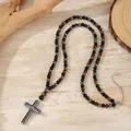 Men's bohemian natural stone rosary necklace with hematite cross pendant - Hematite & Tiger Eye (ZJ17158)