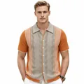 Premium men's short sleeve knitted polo shirt featuring orange and beige vertical stripes - M / Tops / Khaki