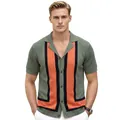 Men's summer knit polo shirt with geometric patterns and Cuban collar in sage green and orange - M / Tops / Army Green