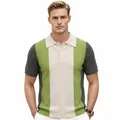 Men's color-blocked ice silk knit polo shirt with vertical stripes and beige collar - M / Tops / Green