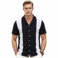 Stylish men's vintage Cuban collar color-block short sleeve knit polo shirt cardigan - M / Tops / Black