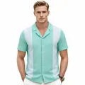 Classic men's color-block knitted Cuban collar short sleeve shirt in mint green - M / Tops / Green