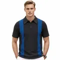 Polo in maglia da uomo a maniche corte con strisce verticali blu su sfondo nero - Taglia M / Top / Nero