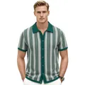 Men's retro green and white striped jacquard knit polo shirt cardigan for casual wear - M / Tops / Green
