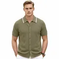 Polo da uomo in maglia a maniche corte verde oliva con colletto bianco. - Taglia M / Top / Verde militare