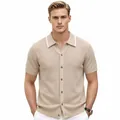 Elegante cardigan polo in maglia traspirante a maniche corte da uomo beige con bordo bianco - Taglia M / Top / Cachi