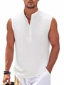 Close-up of white sleeveless casual vest with textured fabric and a henley collar - S / Tops / White