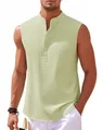 Close-up of men's sleeveless casual vest with textured ribbed fabric and stand collar. - S / Tops / Grass Green