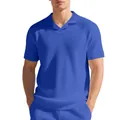 Vue détaillée de la texture gaufrée bleue d'un polo décontracté à manches courtes pour homme - Bleu saphir