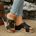 Zwarte sleghak sandalen voor dames met gouden gespen en een kurken platformzool - Zwart