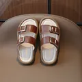 Korean style brown children's double-buckle slides with thick cream-colored footbed - Size 21: 13.5cm / Brown