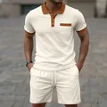 Detail of men's cream waffle knit polo and shorts set featuring brown contrast trim. - S / Top And Bottom / Off White