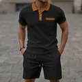 Men's casual black waffle knit polo shirt set with contrast collar and shorts - S / Top And Bottom / Black