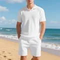 Detailed macro shot of white waffle-knit polo shirt and matching shorts set - S / Top And Bottom / White
