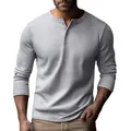 Premium men's slim fit long sleeve Henley shirt in light heather gray casual style - Light Gray