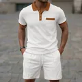 Men's white waffle knit polo and shorts set with brown contrast collar and pocket detail. - S / Top And Bottom / White