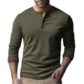 Detail of olive green long sleeve Henley shirt for men featuring a slim fit design - Army Green