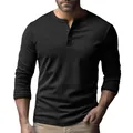 Detail view of slim fit black solid long sleeve Henley shirt for men's casual wear - Black