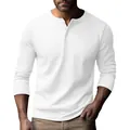 Close-up view of a premium white long-sleeved Henley shirt with buttoned collar - White