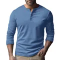 Detail of men's slim fit light blue long sleeve Henley shirt with three-button placket - Denim Blue