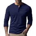 Close-up detail of a navy blue long sleeve slim fit Henley shirt with buttons. - Navy Blue