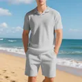 Casual men's grey waffle knit polo shirt and shorts summer beach vacation outfit - Light Gray