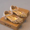 Elegant girls' champagne rhinestone princess shoes with pearls for performance and dance. - 26 / Gold