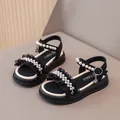 Elegant black girls' sandals with pearl straps and ruffle detail for summer princess style. - 26 / Black