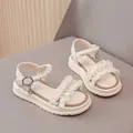 Cream white princess sandals for girls with elegant pearl straps and delicate lace ruffles - 26 / Beige