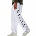 Detailed side view of white men's tear-away sweatpants with black stripes and snaps - S / White