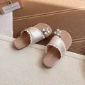 Elegant girls' champagne silver flat sandals featuring crystal flowers and delicate lace trim - Size 23: 15.0cm / Champagne