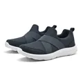 Navy blue mesh slip-on sports sneakers with cross elastic bands and white sole - Gray