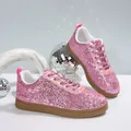 Stylish women's pink glitter casual sneakers featuring a sparkling sequin upper and gum soles - 35 / Pink
