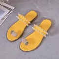 Elegant yellow flat sandals with pearl straps and decorative pineapple toe design details - 35 / Yellow