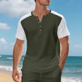 Ανδρικό casual μπλουζάκι Henley σε λαδί και λευκό με υφή βάφλας στην παραλία - S / Tops / Πράσινο του Στρατού