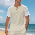 Detail shot of the waffle knit texture on a men's color-block beach Henley shirt - Khaki